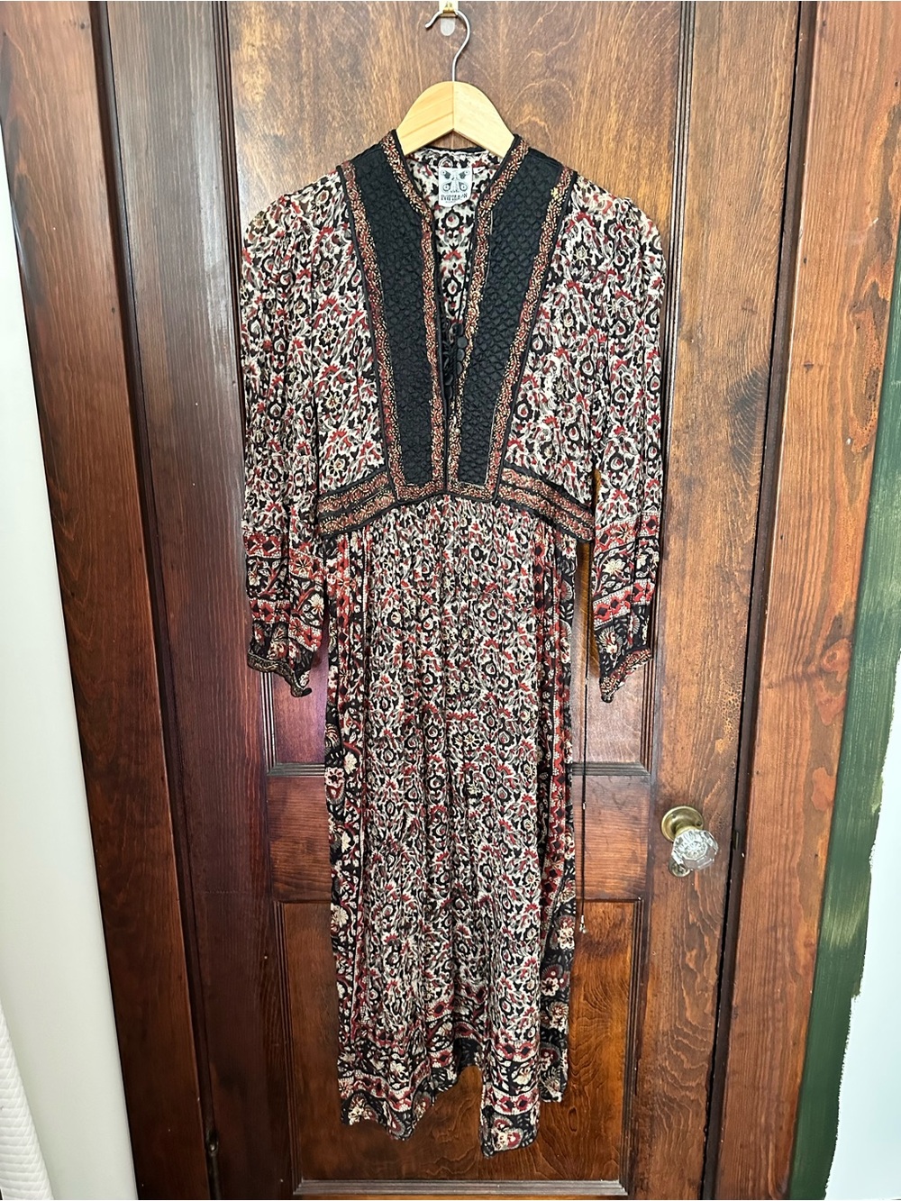 Vintage 70s Papillon Bohemian Floral Midi Dress in Black and Red